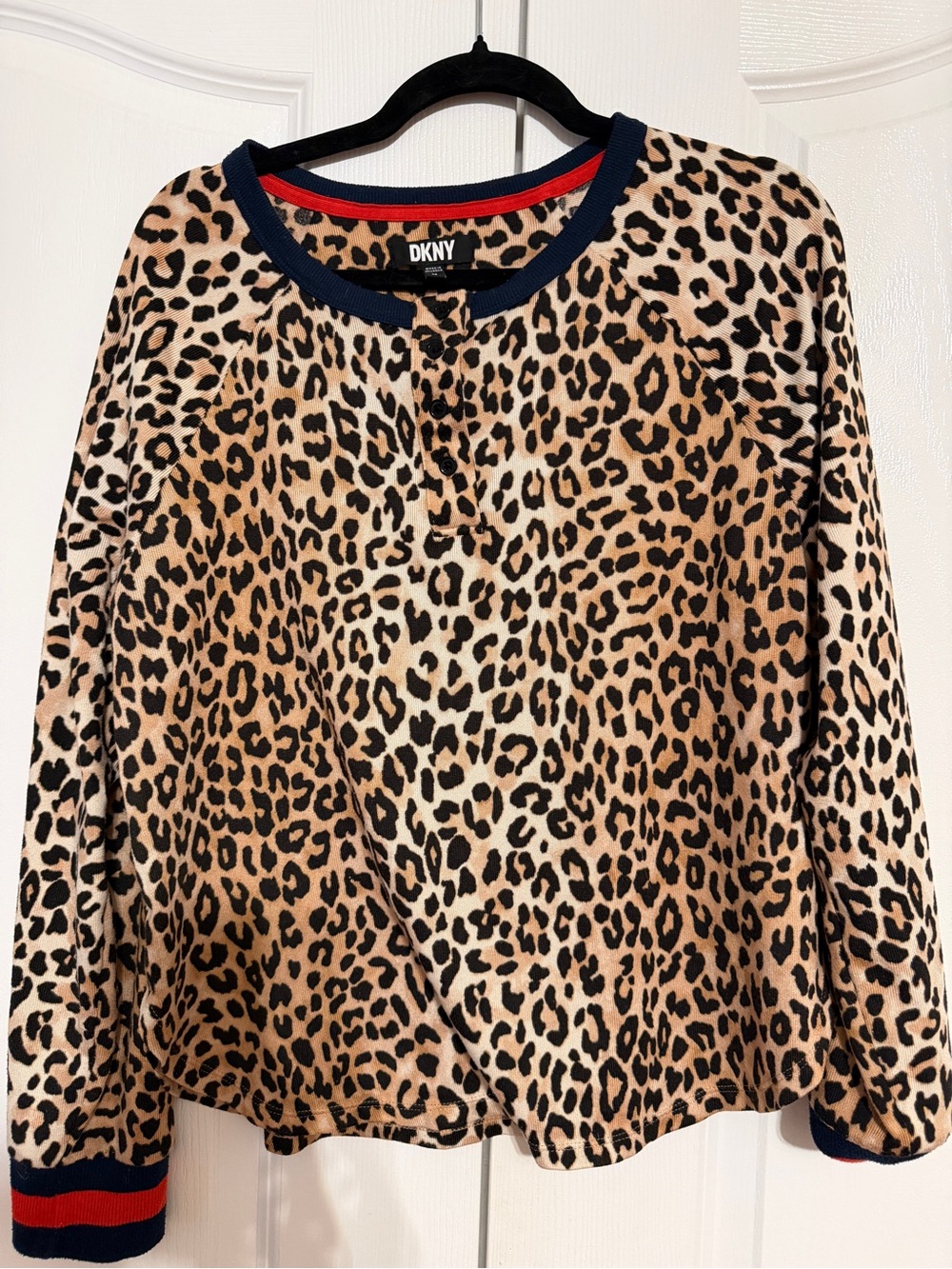 DKNY Leopard Print Crewneck Sweatshirt in Tan, Black & Navy